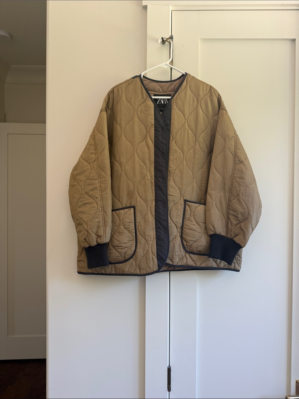 Zara Olive Quilted Jacket with Black Trim